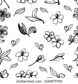 Cute hand drawn sakura seamless pattern. Traditional japanese or chinese spring flowers in ink style. Doodle cherry plant.