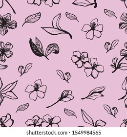 Cute hand drawn sakura seamless pattern. Traditional japanese or chinese spring flowers in ink style. Doodle cherry plant.