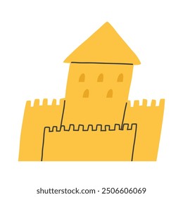 Cute hand drawn sand castle, cartoon flat vector illustration isolated on white background. Summer beach activities for children.