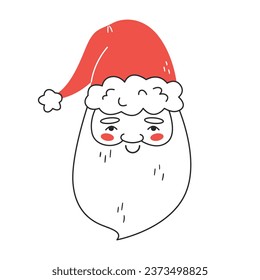Cute hand drawn santa claus with big beard wearing red hat. Funny christmas man for kids design. Doodle vector character illustration for winter card, poster, invitation, print