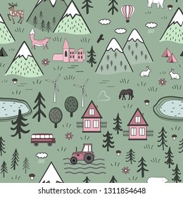 Cute Hand Drawn Scandinavian Vector Seamless pattern with houses, animals, trees, old castle and mountains. Nordic nature landscape concept. Perfect for kids fabric, textile, wallpaper, or door mat