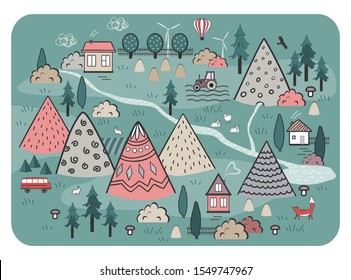 Cute Hand Drawn Scandinavian Vector Background with houses, animals, trees, and mountains. Outline Country nature landscape. Perfect for kids road mats, textile, wall tapestry, or cards