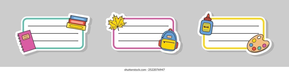 Lindas etiquetas de caderno escolar desenhadas à mão. Ilustração vetorial