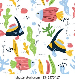 Cute hand drawn  schooling banner sea fish Seamless pattern. Unique sea fish background, scandinavian cartoon style  