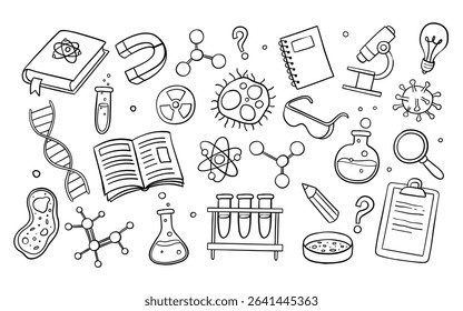Cute hand drawn Science doodle background and isolated items, perfect for surface design, prints and crafting projects. A total of 25 different items. Vector illustration.