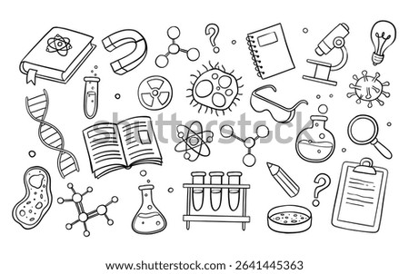 Cute hand drawn Science doodle background and isolated items, perfect for surface design, prints and crafting projects. A total of 25 different items. Vector illustration.