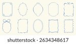 Cute hand drawn scribble ribbons cottage frames vector set. Whimsical frame with wavy line, bows, ribbon. Design for wedding, card, invitation, birthday, poster.