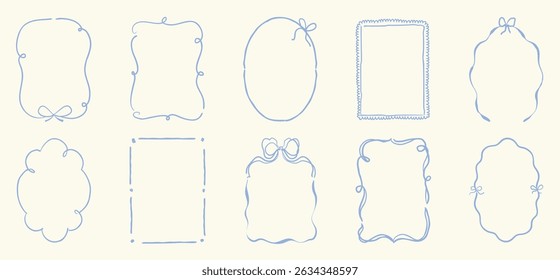 Cute hand drawn scribble ribbons cottage frames vector set. Whimsical frame with wavy line, bows, ribbon. Design for wedding, card, invitation, birthday, poster.