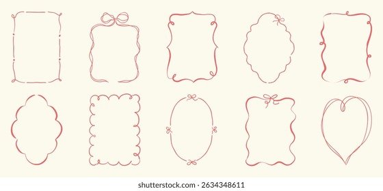 Cute hand drawn scribble ribbons cottage frames vector set. Whimsical frame with wavy line, bows, ribbon. Design for wedding, card, invitation, birthday, poster.