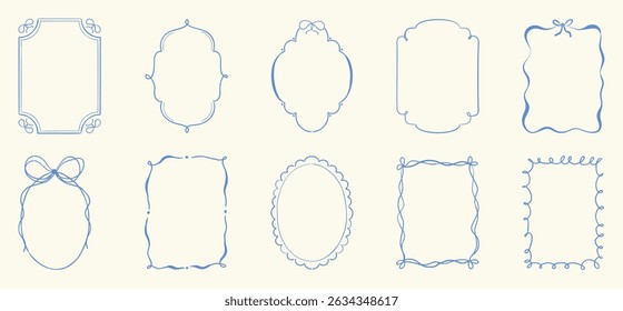 Cute hand drawn scribble ribbons cottage frames vector set. Whimsical frame with wavy line, bows, ribbon. Design for wedding, card, invitation, birthday, poster.