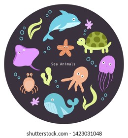 Cute hand drawn sea animals vector set with elements. Marine life: whale, shark, octopus, jellyfish, turtle, crab, dolphin.