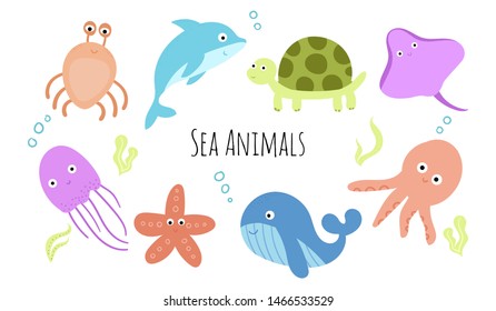 cute hand drawn sea animals vector set with hand drawn elements. Marine life: whale, octopus, jellyfish, turtle, crab, dolphin, starfish, stingray