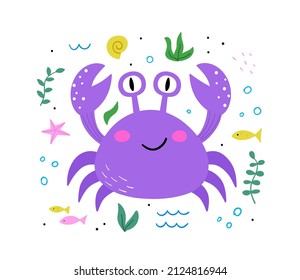 Cute hand drawn sea crab. Funny cartoon character isolated on white background. Vector illustration.