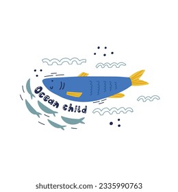 Cute hand drawn sea fish character sardine isolated on white. Underwater creature life. Decorative lettering ocean child. Kids vector print design doodle style
