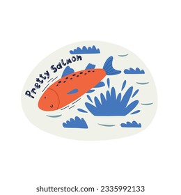 Feiner handgezeichneter Seefisch-Charakter-Lachs einzeln auf Weiß. Unterwasserkreatur-Leben. Dekorative Schrift mit hübschem Lachs. Kids Vektordesign Doodstyle