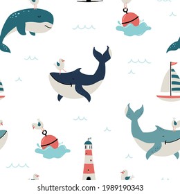 Cute hand drawn sea life seamless pattern, happy whales and decoration, great for summer textiles, banners, wallpapers, wrapping - vector design