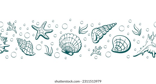 Fundas de mar dibujadas a mano sin fisuras, fondo de verano, grandioso para textiles, pancartas, papel de pared - diseño vectorial