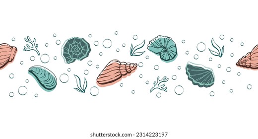 Cute hand drawn sea shells seamless horizontal pattern, summer background with clums, great for textiles, banners, wallpapers - vector design