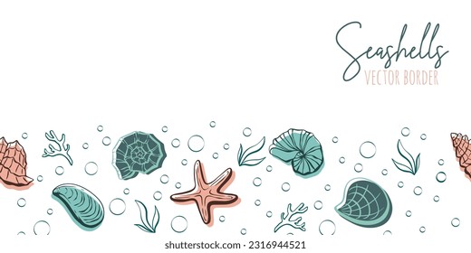 Cute hand drawn sea shells seamless horizontal border pattern, summer background, great for textiles, banners, wallpapers - vector design