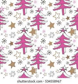 Cute hand drawn seamles pattern with christmas tree, stars and snowflakes
