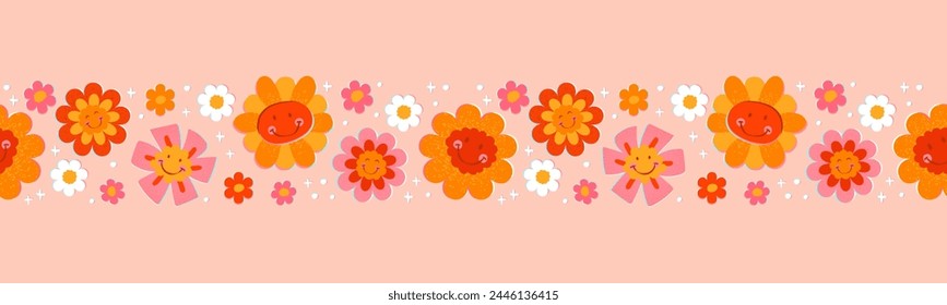 Cute hand drawn seamless border with vintage groovy daisy flowers. Happy retro floral vector background surface design, textile, stationery, wrapping paper, covers. 60s, 70s, 80s style