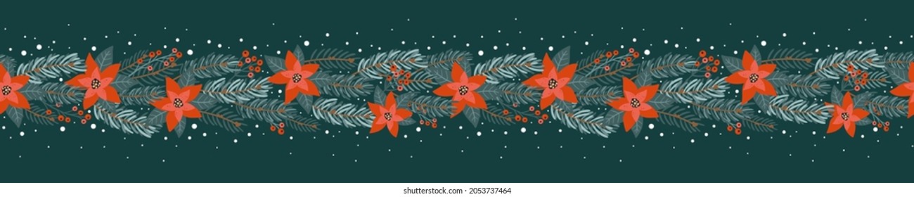 Cute hand drawn seamless Christmas garland with fir and flowers, repeat border, great for cards, invitations, textiles, banners, wallpapers - vector design