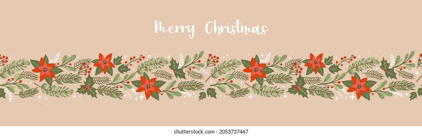 Cute Hand Drawn Seamless Christmas Garland With Fir And Flowers, Repeat Border, Great For Cards, Invitations, Textiles, Banners, Wallpapers - Vector Design