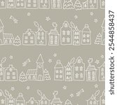 Cute hand drawn seamless doodle houses, christmas town with stars and decorated houses, great for banners, wallpapers, invitations - vector design