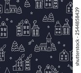 Cute hand drawn seamless doodle houses, christmas town with stars and decorated houses, great for banners, wallpapers, invitations - vector design