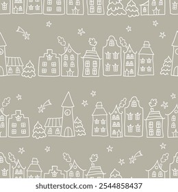 Cute hand drawn seamless doodle houses, christmas town with stars and decorated houses, great for banners, wallpapers, invitations - vector design