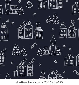 Cute hand drawn seamless doodle houses, christmas town with stars and decorated houses, great for banners, wallpapers, invitations - vector design