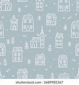 Cute hand drawn seamless doodle houses, christmas town with stars and decorated houses, great for banners, wallpapers, invitations - vector design
