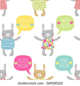 Cute hand drawn seamless Easter pattern with bunnies and speech bubbles with hand written text Happy Easter in different languages english, german, french and spanish