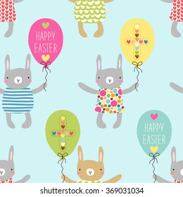 Cute hand drawn seamless Easter pattern with bunnies and party balloons with hand written text Happy Easter and cross of hearts