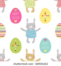Cute hand drawn seamless Easter pattern with bunnies and eggs with hand written text Happy Easter and cross of hearts