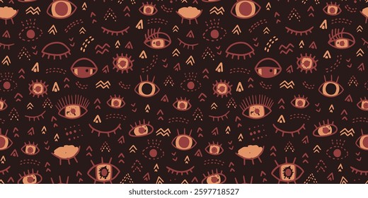 Cute hand drawn seamless evil eye vector pattern dark brown and beige doodle geometric shapes, abstract mystic background