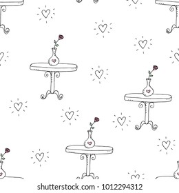 Cute hand drawn seamless pattern with table and flowers sketch vector graphics.