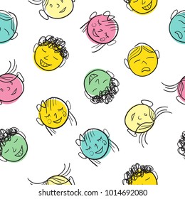 Cute Hand drawn seamless pattern with kids faces, editable
