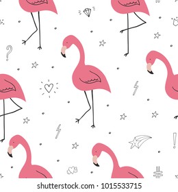 Cute hand drawn seamless pattern with pink flamingo. Vector print.