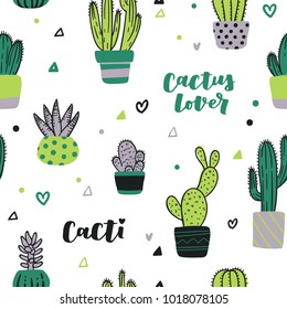 Cute hand drawn seamless pattern with cactus. Cartoon style vector illustration in modern color theme. Collection of cactuses and succulent in flower pots and hand lettering.