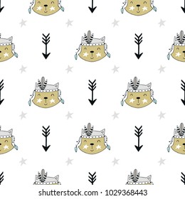 Cute hand drawn seamless pattern with animal character in scandinavian style. Kids vector illustration.