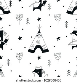 Cute hand drawn seamless pattern with animal character in scandinavian style. Kids vector illustration.