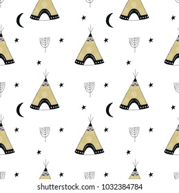 Cute hand drawn seamless pattern with wigwam in scandinavian style. Kids vector illustration.