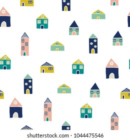 Cute hand drawn seamless pattern with houses. Pretty background for kids collection. Vector illustration. Trendy style