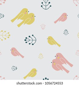 Cute hand drawn seamless pattern with birds and leaves. Vector illustration for kids surface pattern design