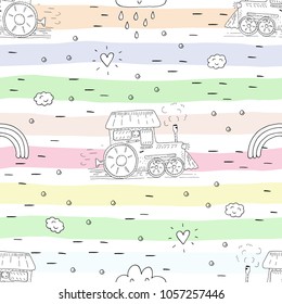 Cute hand drawn seamless pattern with cartoon trains