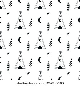 Cute hand drawn seamless pattern with wigwam in scandinavian style. Kids vector illustration.