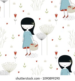 Cute hand drawn seamless pattern with little girl in the forest in scandinavian style. Kids vector illustration.