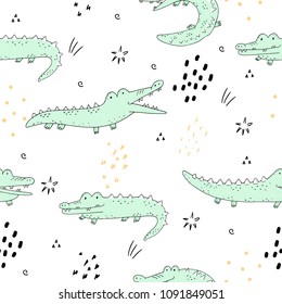 Cute hand drawn seamless pattern with funny crocodiles.