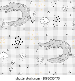Cute hand drawn seamless pattern with funny crocodiles.